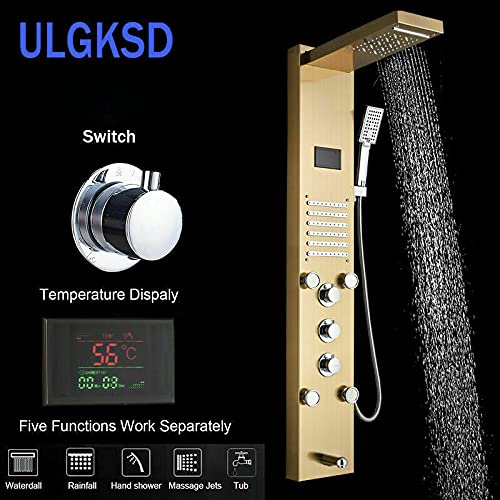 TVTIUO LED Panel de Ducha dorado con Pantalla LCD Columna Ducha Acero Inoxidable para Baño 5 Salida de Agua Multifunción Sistema de Ducha Montaje en Pared