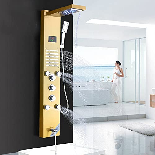 TVTIUO LED Panel de Ducha dorado con Pantalla LCD Columna Ducha Acero Inoxidable para Baño 5 Salida de Agua Multifunción Sistema de Ducha Montaje en Pared