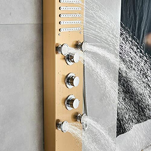 TVTIUO LED Panel de Ducha dorado con Pantalla LCD Columna Ducha Acero Inoxidable para Baño 5 Salida de Agua Multifunción Sistema de Ducha Montaje en Pared