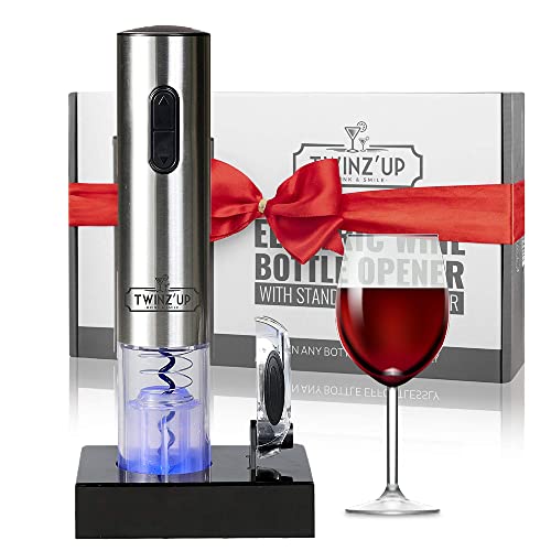 Twinz'up Sacacorchos Eléctrico Inalámbrico - Estuche Premium con Cortador de Cápsulas y Base de Recarga - Profesional Automatico Abrelatas de Vino - El Regalo Ideal - Abridor Botellas