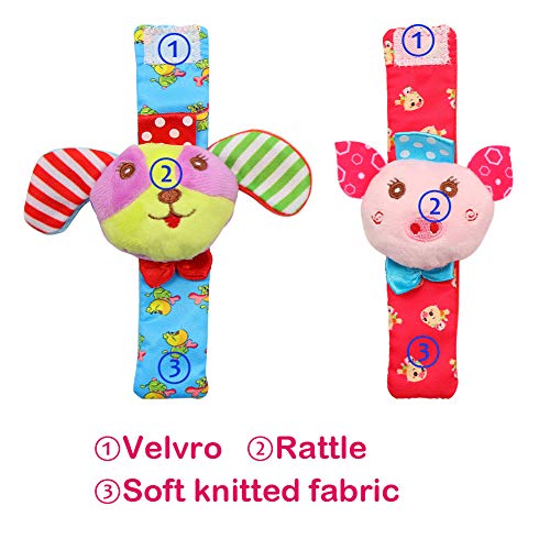 Twister.CK Paquete de 4 Sonajeros para muñeca y Calcetines para Buscar pies, Adorable Animal Infant Baby Rattles Mejor Regalo Juego de Juguetes de Desarrollo: Cachorros y cerditos