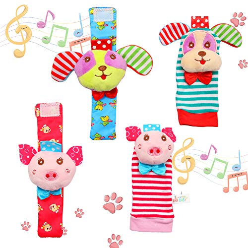 Twister.CK Paquete de 4 Sonajeros para muñeca y Calcetines para Buscar pies, Adorable Animal Infant Baby Rattles Mejor Regalo Juego de Juguetes de Desarrollo: Cachorros y cerditos