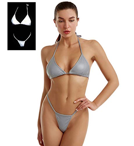 TYPING Bikini Mujer Sexy Bikini Reflectante De Colores Bañador Dividido con Láser Y Tirantes De Cuello Halter En La Espalda Disfruta del Verano En La Piscina Exterior,Gris,S