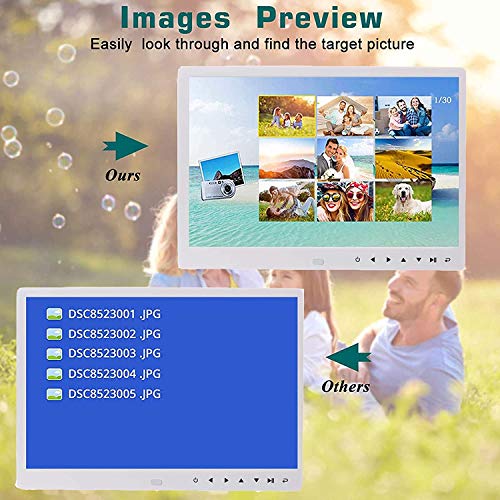 UCMDA Marco de Fotos Digital 12 pulgunda Marco Digital Full HD 1280x800, Música/Video/Calendario/Despertador, Marco Digital Foto Vídeo con Control Remoto, Blanco