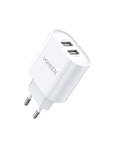 UGREEN 17W Cargador de Pared con Doble USB Puertos 5V 2.4A y 5V 1A, Enchufe USB para iPhone 13 12 XR XS X 8, iPad Mini, Galaxy S20 S10 S9 S8, Xiami Mi10 Mi9 Redmi Note 9, Huawei P30 P20 - Blanco