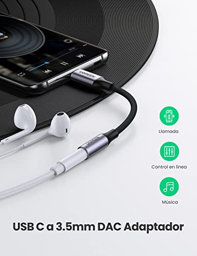 UGREEN Adaptador USB C a Jack 3.5mm, DAC Chip Adaptador Auriculares Tipo C Compatible con iPad Pro, Galaxy S21/S20/S10/Note 20/Tab S7, Oneplus Nord/8/7T, Xiaomi Mi 11/10/9, Huawei P40/P30 Pro, Plata