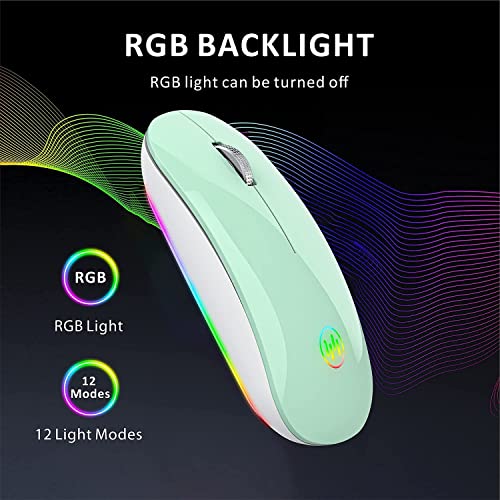 Uiosmuph M530 Bluetooth Ratón inalámbrico, RGB 2.4 GHz LED Ratón Silencioso Recargable con Adaptador de Receptor Nano USB Tipo c para Ordenador portátil Tablet PC (Verde Caramelo)