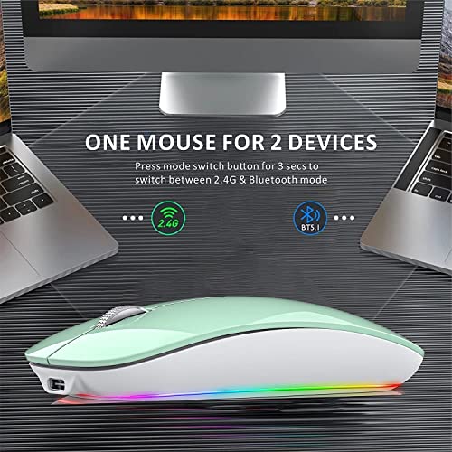 Uiosmuph M530 Bluetooth Ratón inalámbrico, RGB 2.4 GHz LED Ratón Silencioso Recargable con Adaptador de Receptor Nano USB Tipo c para Ordenador portátil Tablet PC (Verde Caramelo)