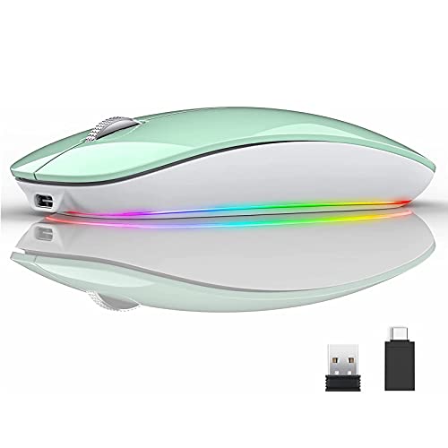 Uiosmuph M530 Bluetooth Ratón inalámbrico, RGB 2.4 GHz LED Ratón Silencioso Recargable con Adaptador de Receptor Nano USB Tipo c para Ordenador portátil Tablet PC (Verde Caramelo)