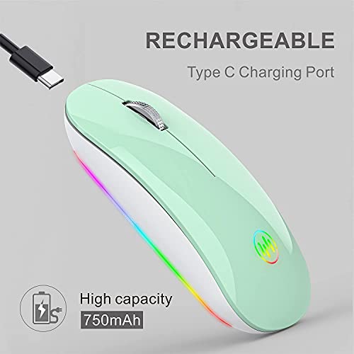 Uiosmuph U15 RGB Ratón inalámbrico, 2.4 GHz LED Ratón Silencioso Recargable con Adaptador de Receptor Nano USB Tipo c para Ordenador portátil Tablet PC Mac (Verde Caramelo)