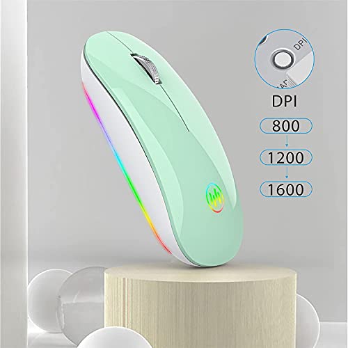 Uiosmuph U15 RGB Ratón inalámbrico, 2.4 GHz LED Ratón Silencioso Recargable con Adaptador de Receptor Nano USB Tipo c para Ordenador portátil Tablet PC Mac (Verde Caramelo)