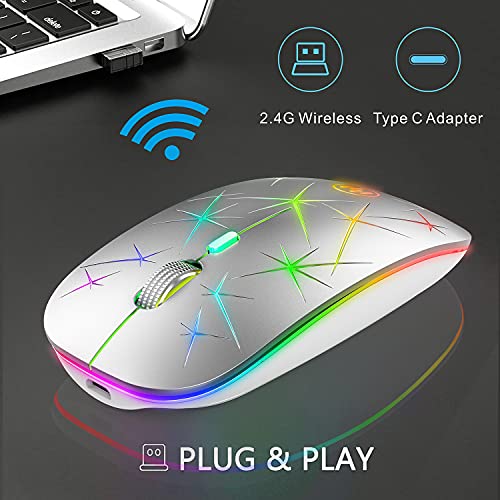 Uiosmuph U19 Ratón Inalámbrico, LED Recargable Mouse Silencioso con Adaptador de Receptor Nano USB Tipo c Ratón para Laptop, PC, Ordenador, Computadora, Notebook (Plata)