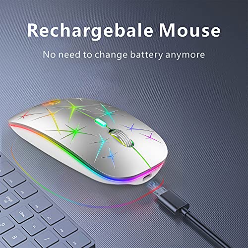 Uiosmuph U19 Ratón Inalámbrico, LED Recargable Mouse Silencioso con Adaptador de Receptor Nano USB Tipo c Ratón para Laptop, PC, Ordenador, Computadora, Notebook (Plata)