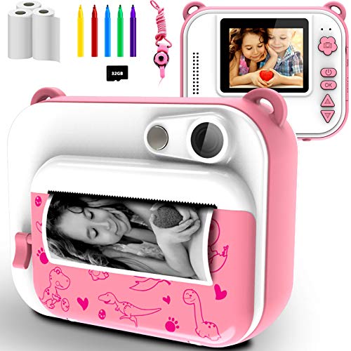 Uleway Cámara Instantánea para Niños, Cámara de Fotos con Pantalla de 2,0 Pulgadas, Cámaras Digitales con Papel de Impresión y Tarjeta SD de 32GB, Regalos Juguete para Niños y Niñas 3 a 12 Años (Rosa)