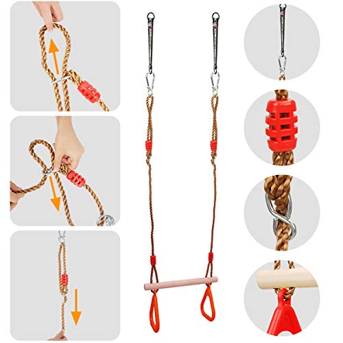 Ulikey Columpios de Cadena de Alta Resistencia para Niños, Multifunción Trapecio con Anillos, Columpio Trapecio de Madera de Árbol de la Gimnasia Soporta para Exterior e Interior (Rojo)