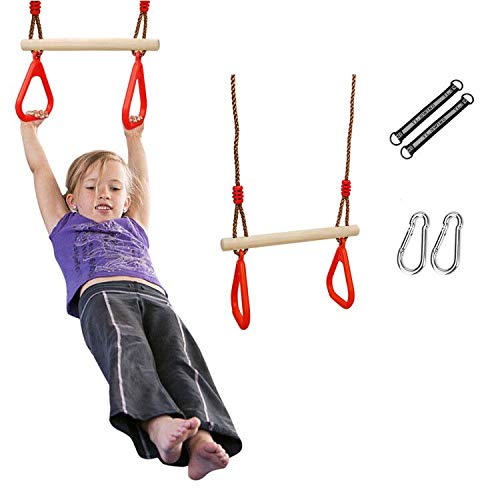 Ulikey Columpios de Cadena de Alta Resistencia para Niños, Multifunción Trapecio con Anillos, Columpio Trapecio de Madera de Árbol de la Gimnasia Soporta para Exterior e Interior (Rojo)