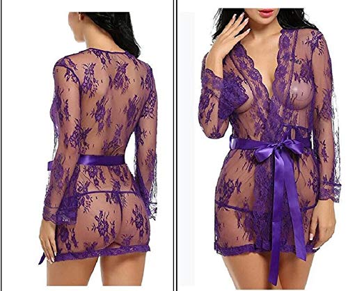 UMIPUBO Conjunto de lencería para Mujer Bata de Encaje Babydoll Kimono Ropa de Dormir Frente Abierto Floral Cuello en V Profundo Camisón Malla Transparente Pijama de Media Manga con Tanga