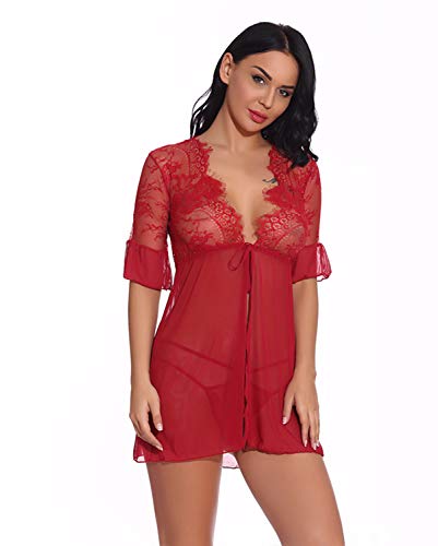 UMIPUBO Conjunto de Lencería para Mujer Ropa de Dormir Pestaña Babydoll Frente Abierto Camisón de Encaje Floral Chaquetas Vestidos Malla Transparente Malla de Encaje