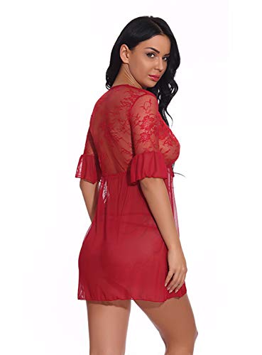 UMIPUBO Conjunto de Lencería para Mujer Ropa de Dormir Pestaña Babydoll Frente Abierto Camisón de Encaje Floral Chaquetas Vestidos Malla Transparente Malla de Encaje