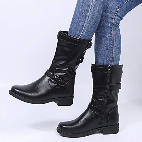 UMore Botines de Caña Media para Mujer Moda Botas Altas Invierno Mujer, Zapatos Mujer Cuña Planos Sintética Peluche Jinete Bajo Cómodos Peludas Calentitas