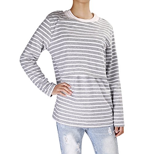 UTOVME Mujeres Camiseta de Lactancia Premamá Camisa de Maternidad Ropa de Enfermería, Rayado de Mangas Largas Gris L