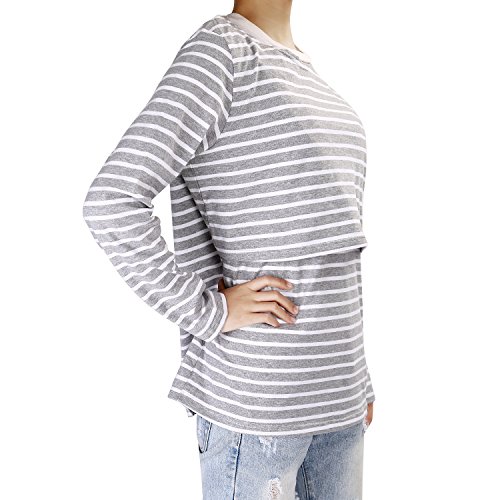 UTOVME Mujeres Camiseta de Lactancia Premamá Camisa de Maternidad Ropa de Enfermería, Rayado de Mangas Largas Gris L