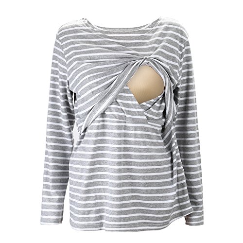 UTOVME Mujeres Camiseta de Lactancia Premamá Camisa de Maternidad Ropa de Enfermería, Rayado de Mangas Largas Gris L