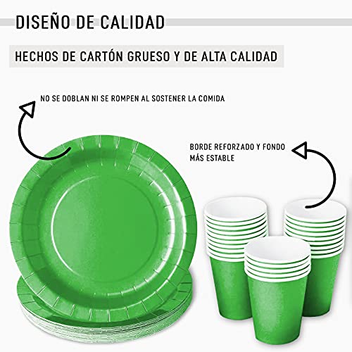 Vajilla biodegradable de Cumpleaños. Set de Platos y Vasos para Fiestas, Reuniones, Camping, Picnic. Juego de Platos y Vasos para Cumpleaños. Decoración Cumpleaños. Vajillas Ecológicas.(Verde)