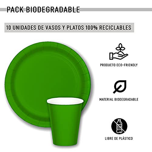 Vajilla biodegradable de Cumpleaños. Set de Platos y Vasos para Fiestas, Reuniones, Camping, Picnic. Juego de Platos y Vasos para Cumpleaños. Decoración Cumpleaños. Vajillas Ecológicas.(Verde)