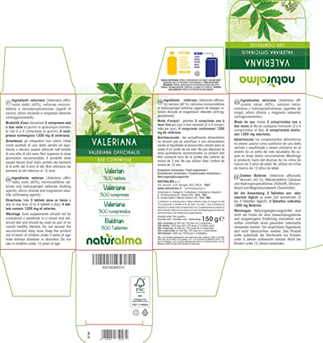 Valeriana (Valeriana officinalis) raíces NATURALMA | 150 g | 300 comprimidos de 500 mg | Complemento alimenticio | Natural y Vegano