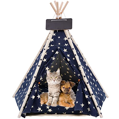 VanGeeStar Tienda de Campaña para Mascotas, Tipi per Perros y Gatos con Cojín Lavable, Perros Casa Perros Caseta con Pizarra, Fácil de Montar, Portátil, Interior Exterior, Azul, 60*50*50CM (Azul)