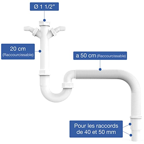 Variosan 11497 - Sifón de tubo flexible (1 1/2", 2 conectores de 1", para fregadero de cocina, lavavajillas y lavadora)