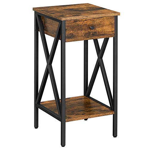 VASAGLE Mesita de Noche, Mesa Auxiliar, Mesa Lateral con cajón y Estante de Almacenamiento, Estilo Industrial, Marrón Rústico y Negro LET501B01