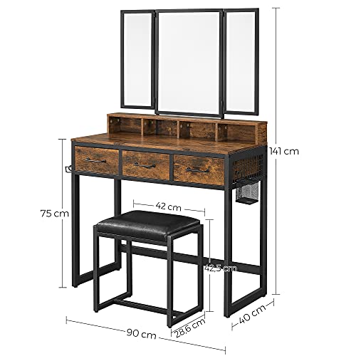 VASAGLE Tocador con Taburete, Juego de Mesa de Maquillaje con Espejo Triple, 3 Cajones, con Estructura de Acero, Estilo Industrial, Marrón Rústico y Negro RVT004B01