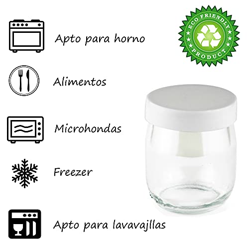 Vasos yogurtera de vidrio con tapa blanca 9 unidades. tarros para postres, botes para yogur, vasos para condimentos