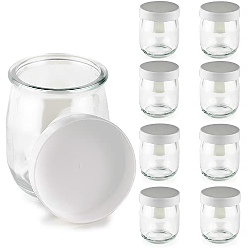 Vasos yogurtera de vidrio con tapa blanca 9 unidades. tarros para postres, botes para yogur, vasos para condimentos