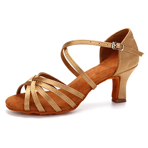 VCIXXVCE Satín Zapatos Baile Latino Mujer Suela de Gamuza Salsa Zapatos Danza Salón Beige,40 EU