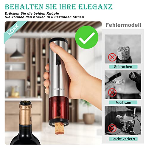 VEGERAW Sacacorchos Eléctrico, Profesional Automatico Abrelatas de Vino, Abridor Botellas de Vino Inalámbrico con Cortador de Papel, Vertedor, Tapón de Vino Silicona de Vacío y Cable de Datos