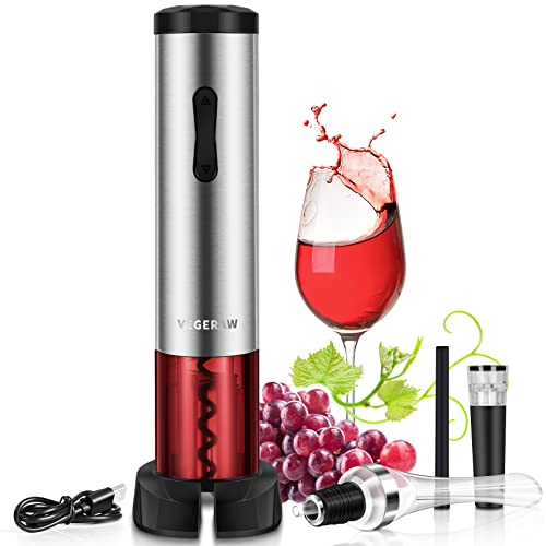 VEGERAW Sacacorchos Eléctrico, Profesional Automatico Abrelatas de Vino, Abridor Botellas de Vino Inalámbrico con Cortador de Papel, Vertedor, Tapón de Vino Silicona de Vacío y Cable de Datos