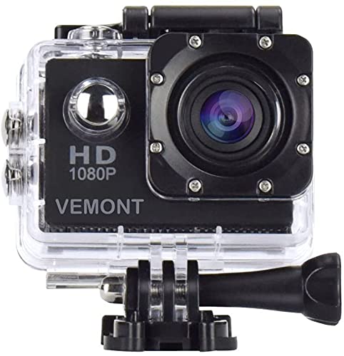 VEMONT Cámara Deportiva 1080P HD Impermeable 30M Pantalla de 2.0 Lente de Gran Angular de 120 Grados Multiples Accesorios para Deportes y Actividades, Buceo, Nadar, Correr, Ciclismo, etc.