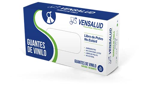 VENSALUD - Guantes de VINILO desechables. Sin Polvo. Caja de 100 guantes. Color: Semi-Blanco (M)