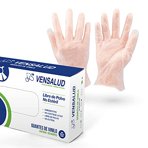 VENSALUD - Guantes de VINILO desechables. Sin Polvo. Caja de 100 guantes. Color: Semi-Blanco (M)