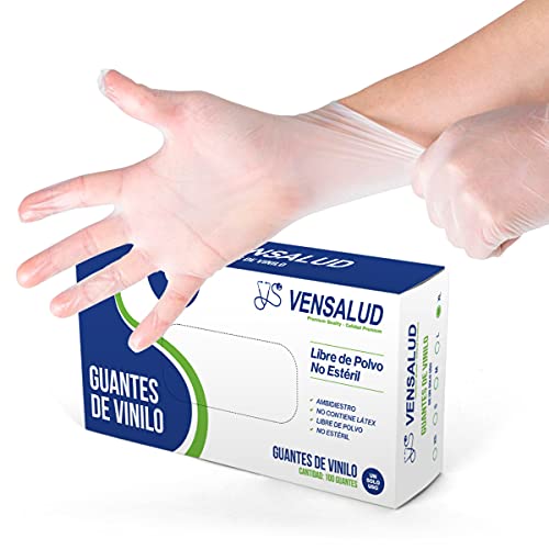 VENSALUD - Guantes de VINILO desechables. Sin Polvo. Caja de 100 guantes. Color: Semi-Blanco (M)