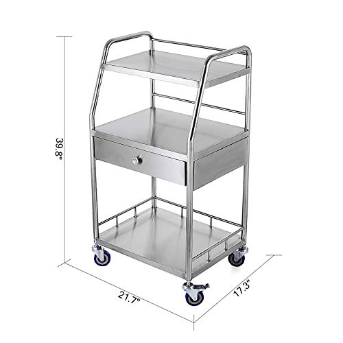 VEVOR Carrito de Médico de 3 Capas y 1 Cajón 55,1 x 43,9 x 101,1 cm, Carrito de Laboratorio Plata con 4 Ruedas Omnidireccional, Carrito de Metal de Acero Inoxidable para Clínicas, SPA y Hoteles