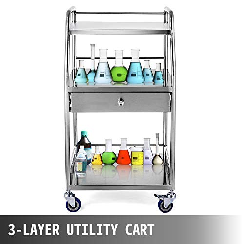 VEVOR Carrito de Médico de 3 Capas y 1 Cajón 55,1 x 43,9 x 101,1 cm, Carrito de Laboratorio Plata con 4 Ruedas Omnidireccional, Carrito de Metal de Acero Inoxidable para Clínicas, SPA y Hoteles