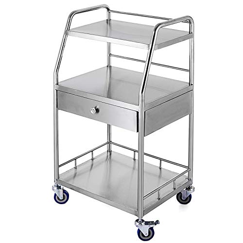 VEVOR Carrito de Médico de 3 Capas y 1 Cajón 55,1 x 43,9 x 101,1 cm, Carrito de Laboratorio Plata con 4 Ruedas Omnidireccional, Carrito de Metal de Acero Inoxidable para Clínicas, SPA y Hoteles