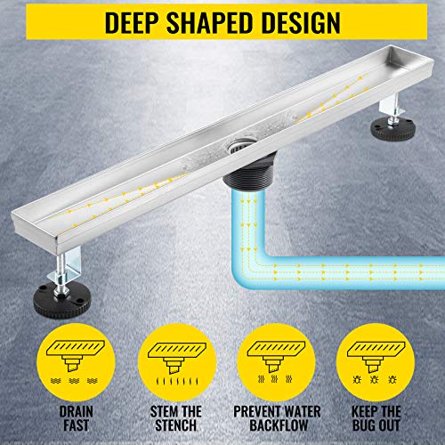 VEVOR Desagüe Lineal para Ducha, 61 x 7 cm Superficie Lisa Sin Costuras Acero Inoxidable Rejillas de Drenaje, 30 L/min Diámetro de Salida 50,8 cm Desagüe Lineal para Cocinas, Baños, Garajes, Sótanos