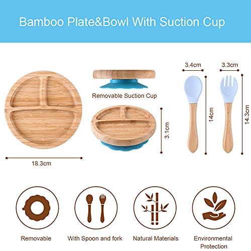 Vicloon Plato de Bamboo con Fuerte Ventosa,Vajilla para Niños con Cuchara y Tenedor，Hecha de Bambú Natural,Antideslizante para Bebé para Tronas y Sillines Platos Silicona Bebes Ventosa Seguro