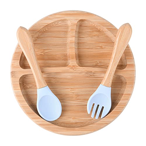 Vicloon Plato de Bamboo con Fuerte Ventosa,Vajilla para Niños con Cuchara y Tenedor，Hecha de Bambú Natural,Antideslizante para Bebé para Tronas y Sillines Platos Silicona Bebes Ventosa Seguro