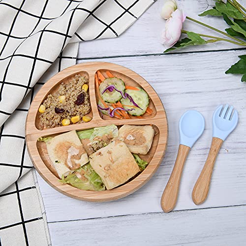 Vicloon Plato de Bamboo con Fuerte Ventosa,Vajilla para Niños con Cuchara y Tenedor，Hecha de Bambú Natural,Antideslizante para Bebé para Tronas y Sillines Platos Silicona Bebes Ventosa Seguro